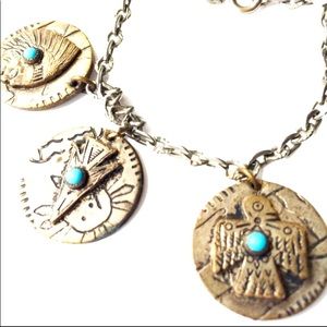 Vintage Native American Symbol Silver & Turquoise Six (6)-Coin Charm Bracelet